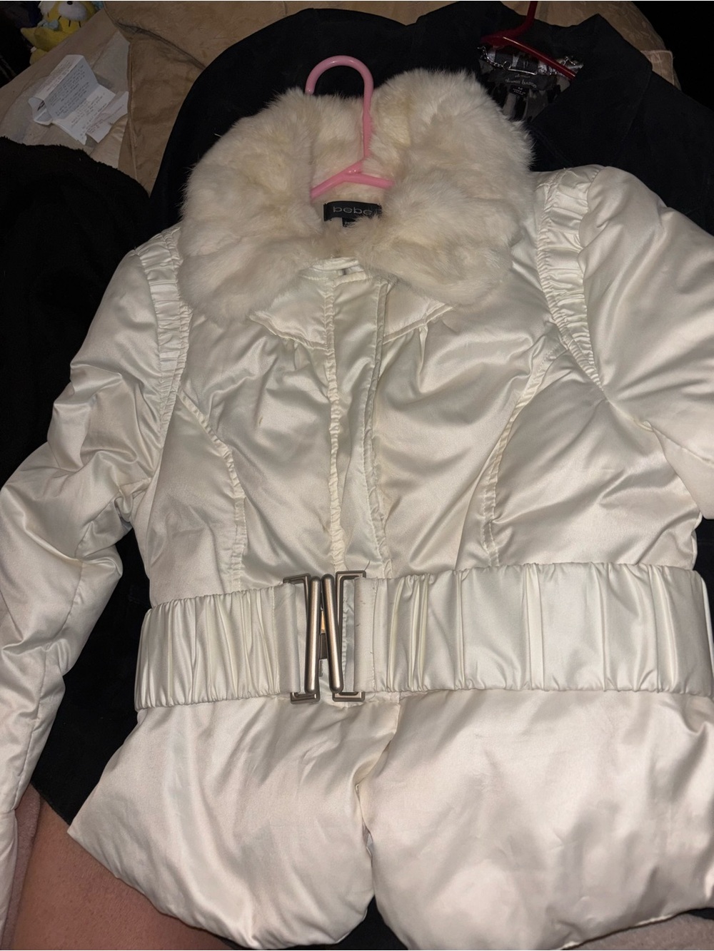 Bebe White Satin Puffer Jacket L - Real Rabbit Fur Collar - 70% Down Fill